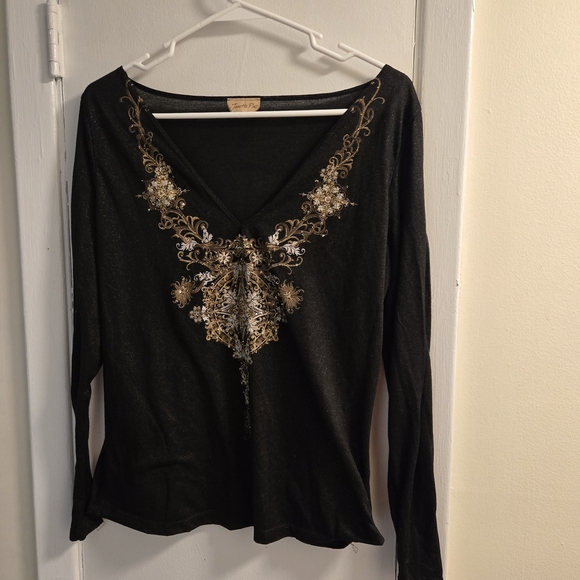Vintage Janette Plus Elegant Black and Gold Embellished Top Size L - Picture 2 of 4